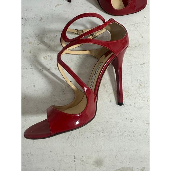 Jimmy Choo Patent Leather Lance Strappy Heeled Sandals Red Size EU 38.5 US 8.5 - Picture 9 of 13